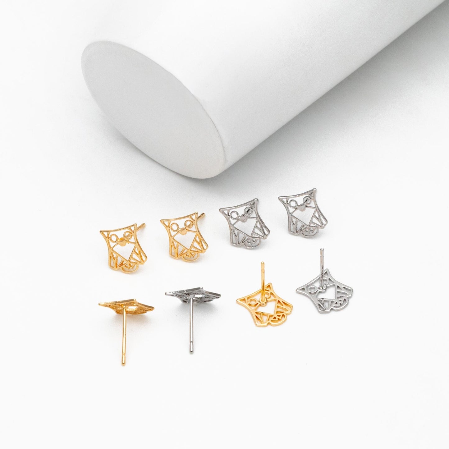 10pcs CZ Pave Gold/ Silver Tone Hollow Owl Earrings, Gold/ Rhodium Plated Brass, Bird Stud Earrings (GB-4530)