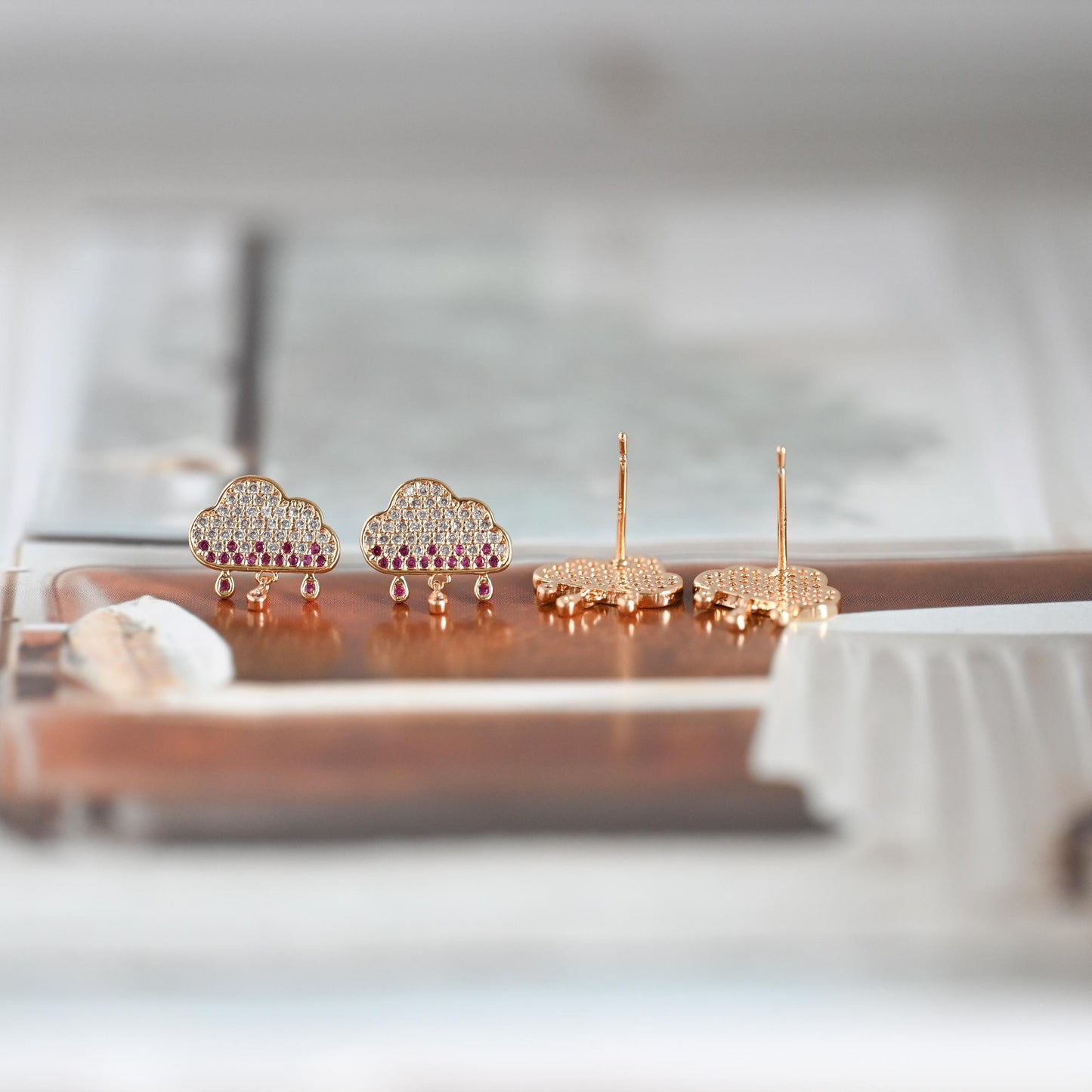 4pcs Rain Cloud Stud Earrings, CZ Pave Gold plated Brass Ear Posts 13mm (#GB-1129)