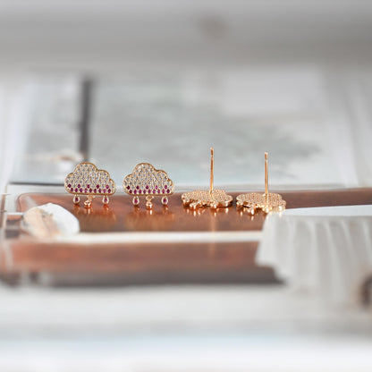 4pcs Rain Cloud Stud Earrings, CZ Pave Gold plated Brass Ear Posts 13mm (#GB-1129)