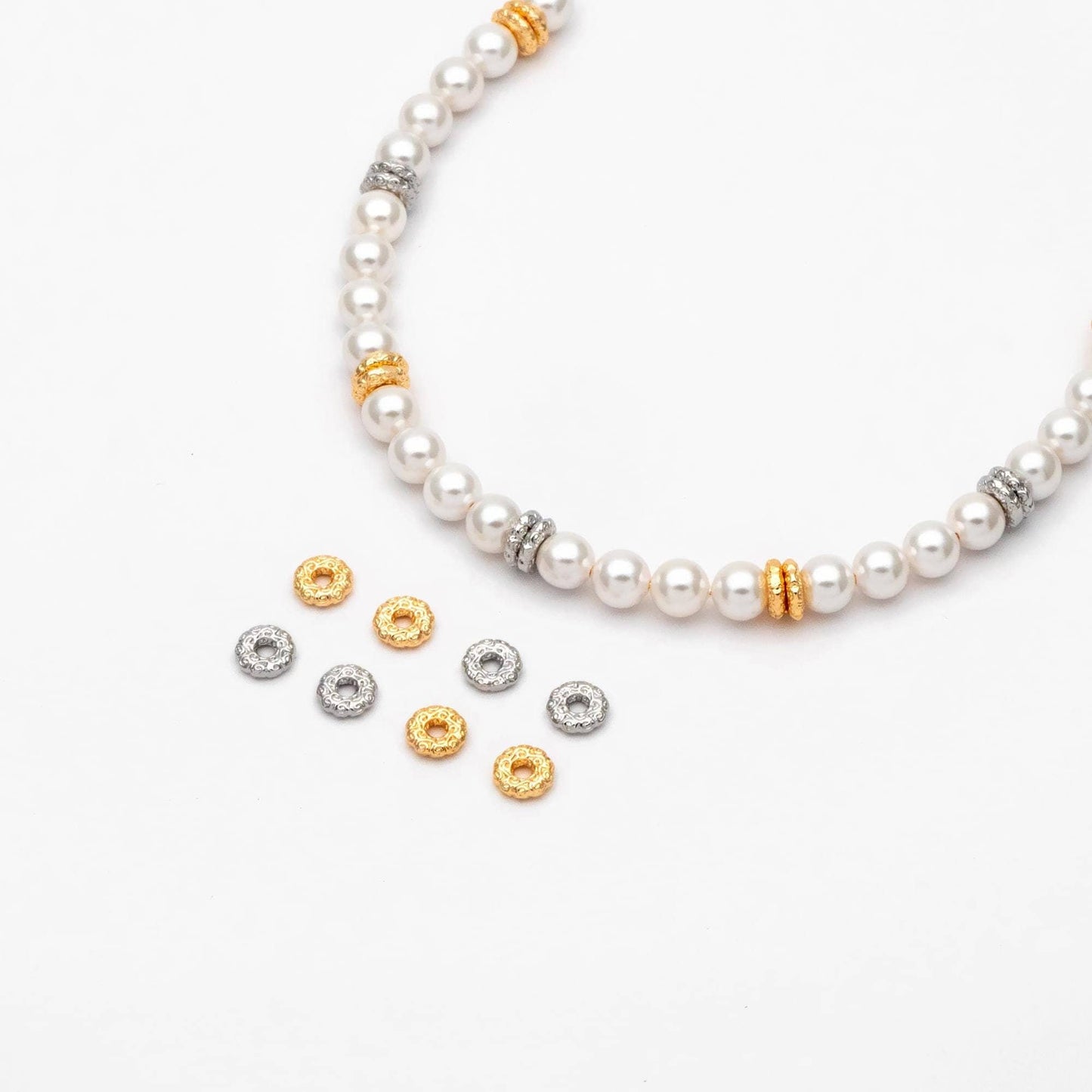 10pcs Gold/ Silver Tone Round Patterned Spacer Beads 6mm, Real Gold/ Rhodium plated Brass Flower Spacer Beads (GB-4365)