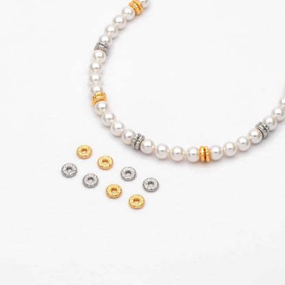 10pcs Gold/ Silver Tone Round Patterned Spacer Beads 6mm, Real Gold/ Rhodium plated Brass Flower Spacer Beads (GB-4365)