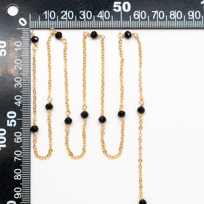 Glass Beaded Chain, 18K Gold plated Brass, 2mm Cable Chain with 4.5mm Black Glass Beads (#LK-618)/ 1 Meter=3.3ft