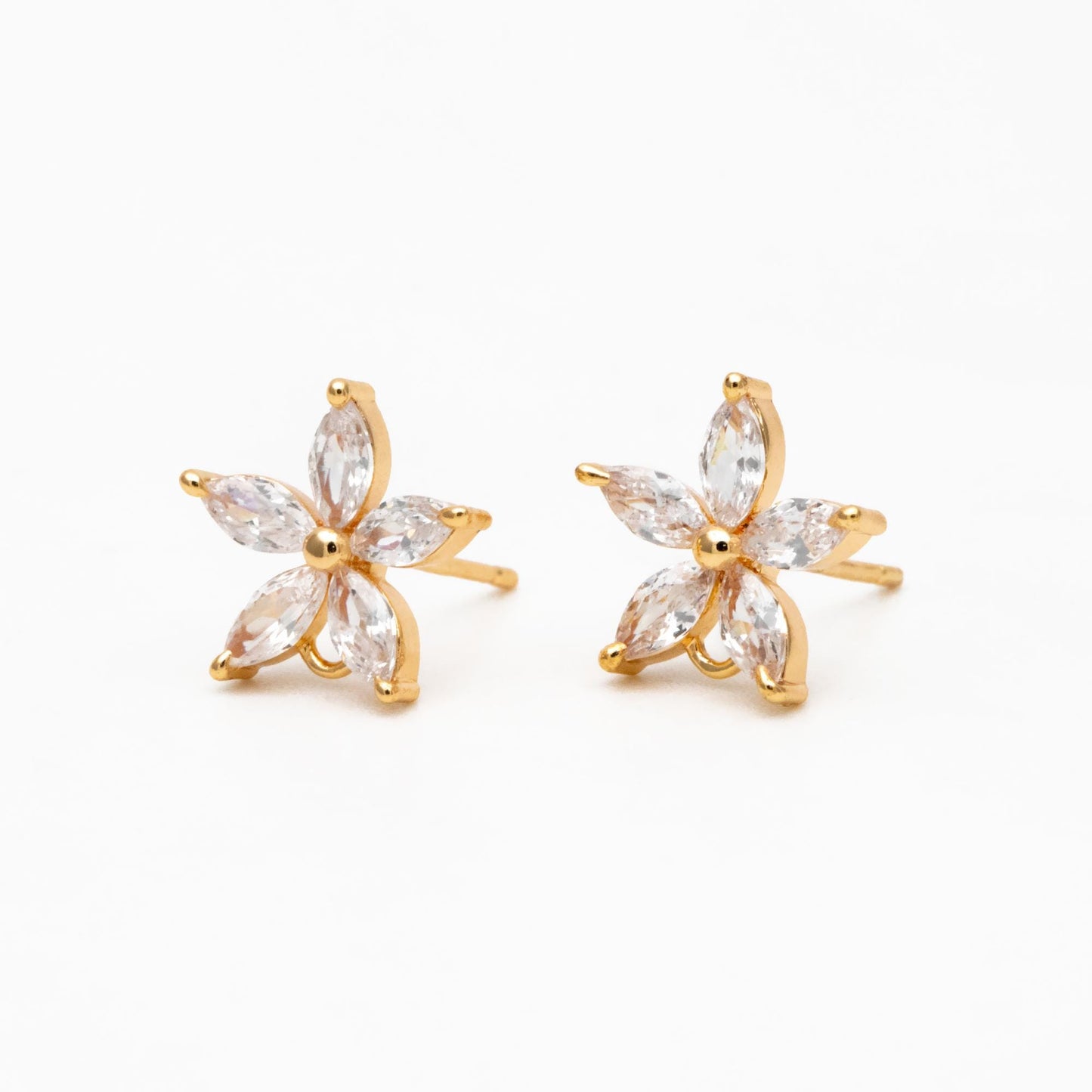 10pcs CZ Pave Flower Ear Posts 12mm, Real Gold Plated Brass Stud Earrings, Sterling Silver Pin (#GB-312)