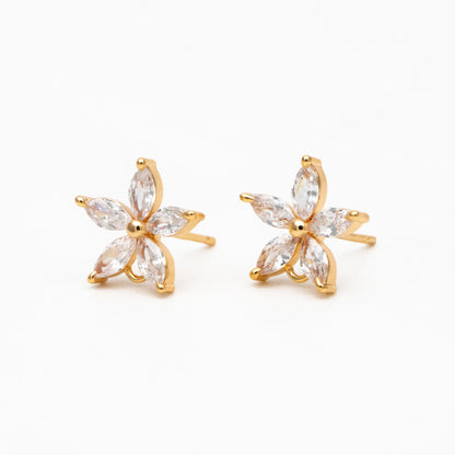 10pcs CZ Pave Flower Ear Posts 12mm, Real Gold Plated Brass Stud Earrings, Sterling Silver Pin (#GB-312)
