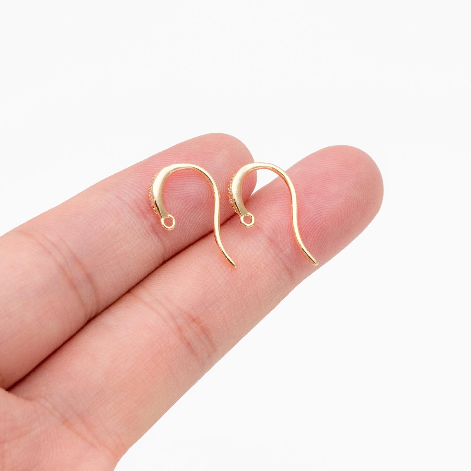 10pcs CZ Pave Gold Earring Hooks 14x10mm, Real Gold Plated Brass Earwires (GB-315)
