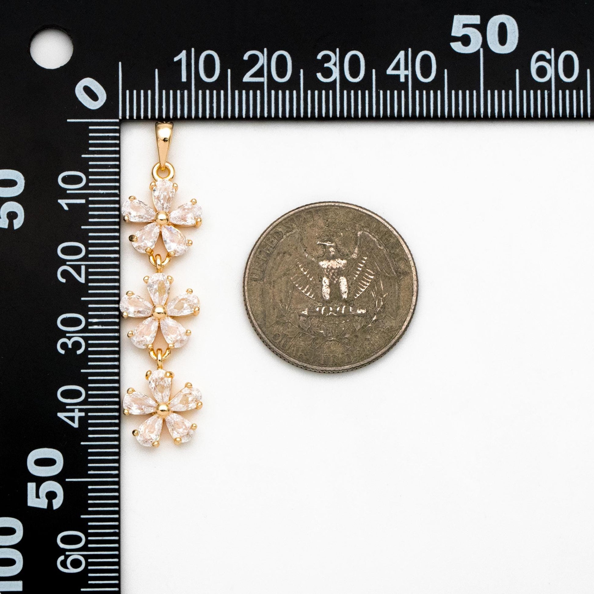 4pcs CZ Pave Gold Flower Pendants 45x11mm, Real Gold plated Brass, Lead Nickel Free (GB-3037-E)