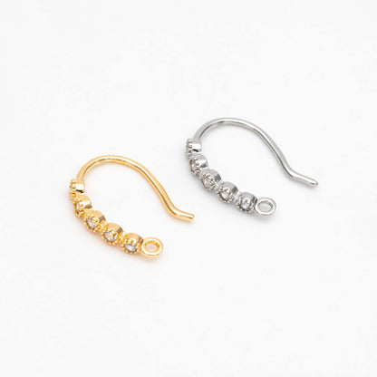 10pcs CZ Pave Gold/ Silver Earring Hooks 16x10mm, Real Gold/ Rhodium Plated Brass Earwires, Color Not Easily Tarnish (GB-317)