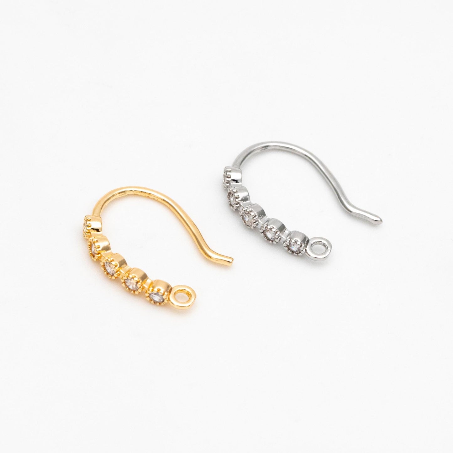 10pcs CZ Pave Gold/ Silver Earring Hooks 16x10mm, Real Gold/ Rhodium Plated Brass Earwires, Color Not Easily Tarnish (GB-317)