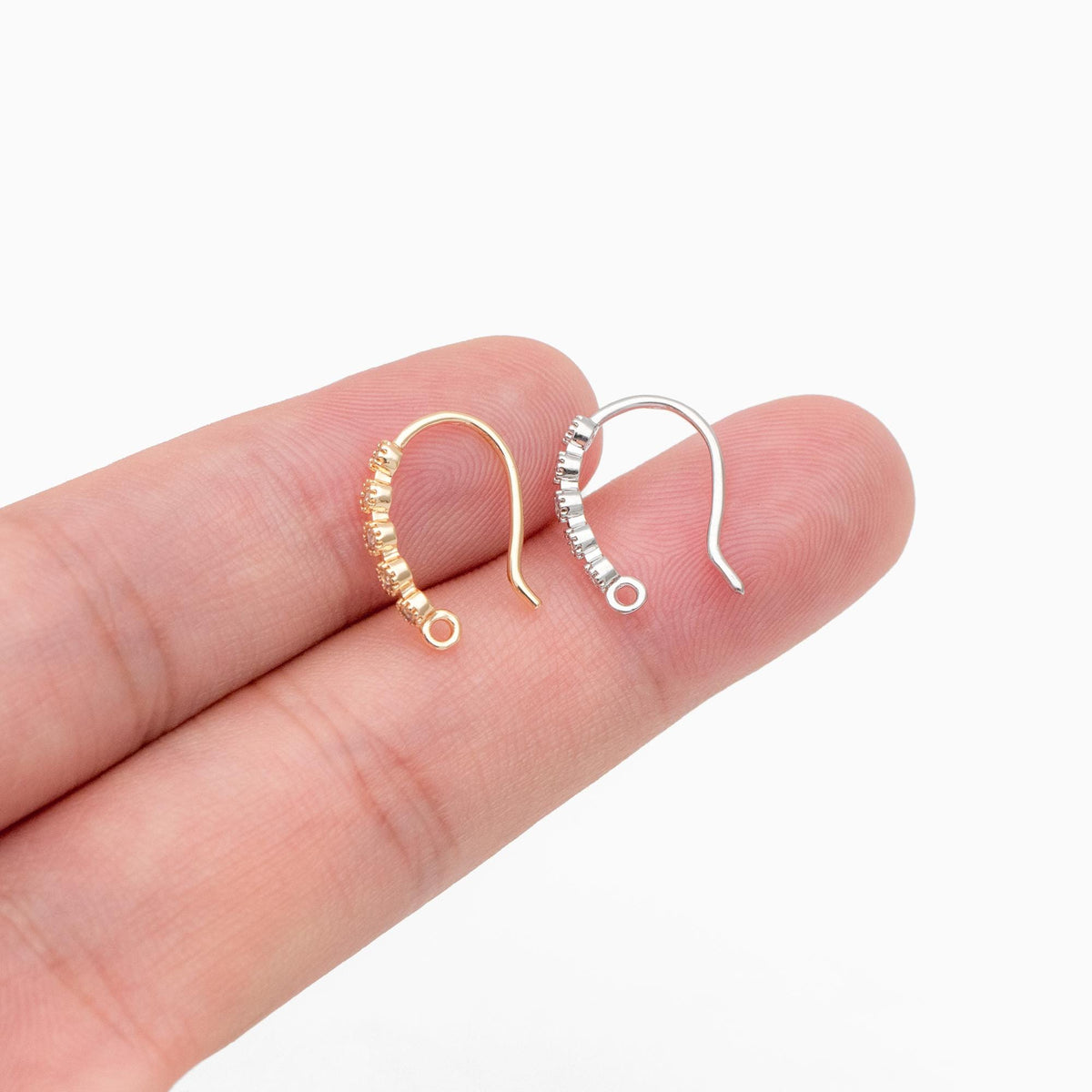 10pcs CZ Pave Gold/ Silver Earring Hooks 16x10mm, Real Gold/ Rhodium Plated Brass Earwires, Color Not Easily Tarnish (GB-317-C)