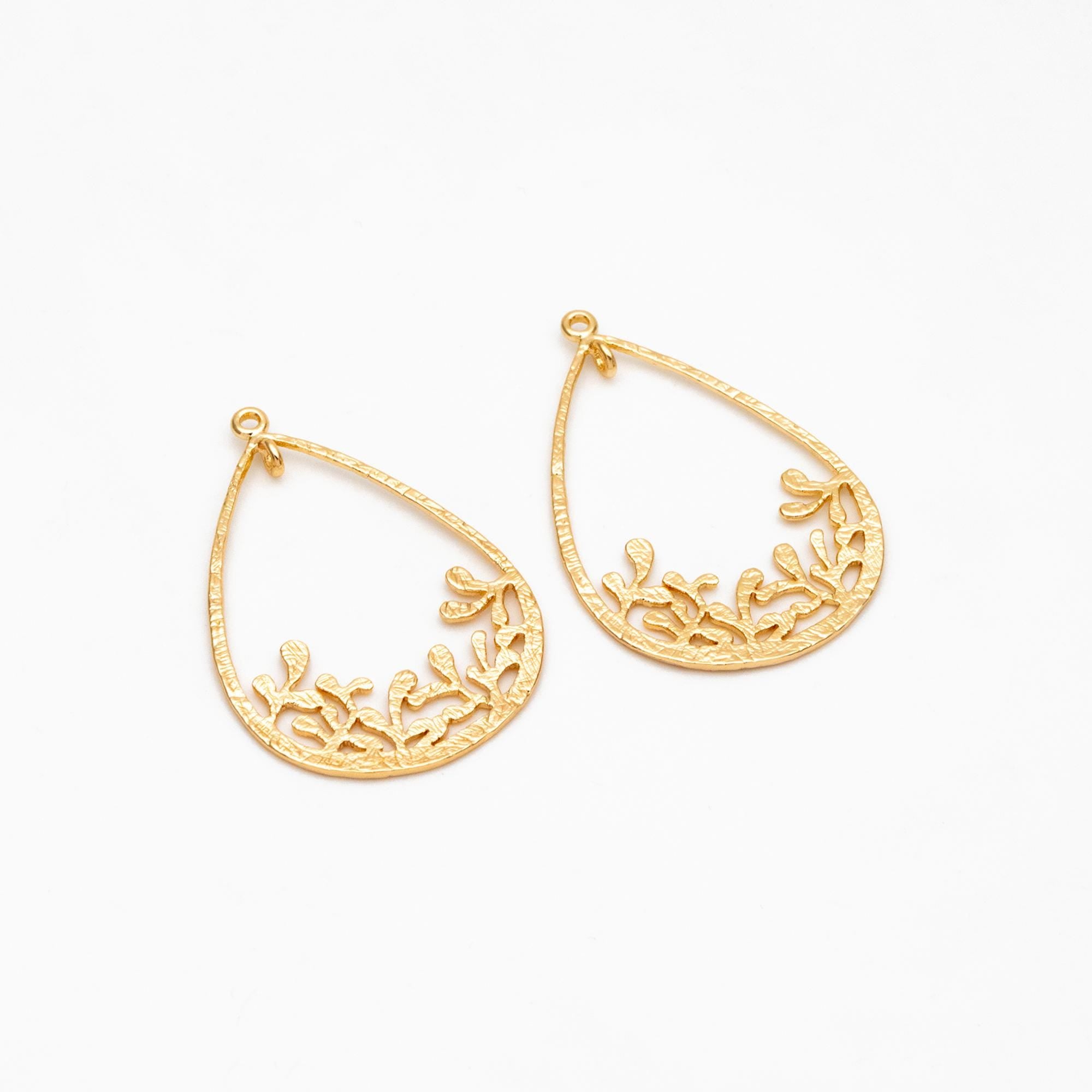 10pcs Gold Teardrop Pendants 32x22mm, Real Gold plated Brass Branch Charm Connectors (GB-324)