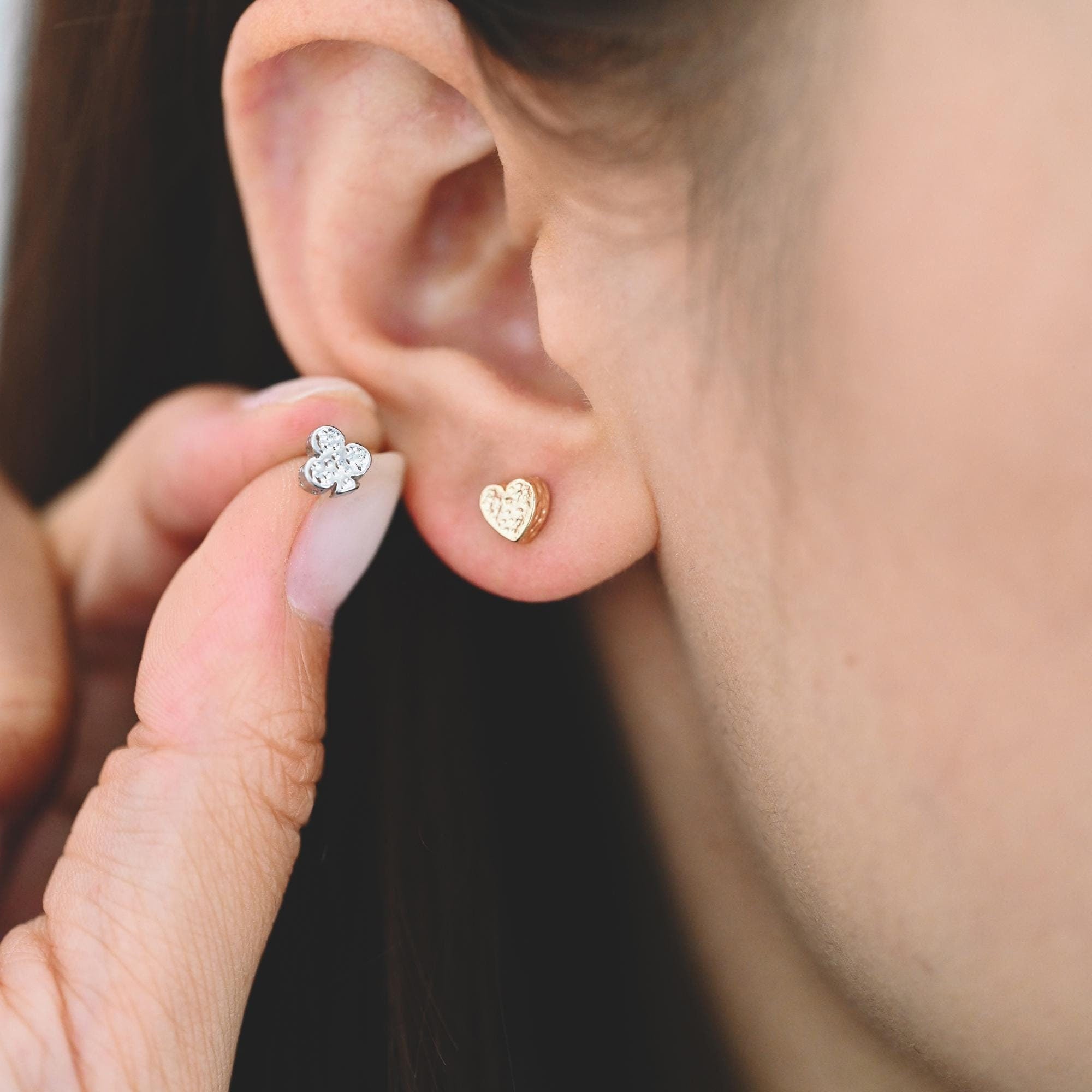 10pcs Gold/ Silver Tone Hammered Heart/ Clover/ Club/ Cross Earrings, Real Gold/ Rhodium Plated Brass Minimalist Stud Earrings (GB-4481)