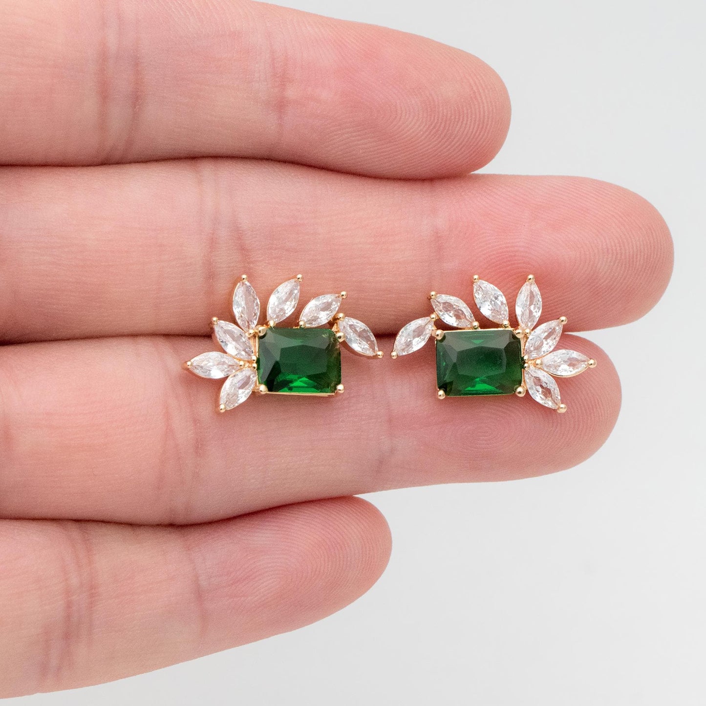 4pcs CZ Pave Olive/ Emerald Rectangle Leaf Earring Studs, Dainty Earrings, Gift For Her (#GB-2943)