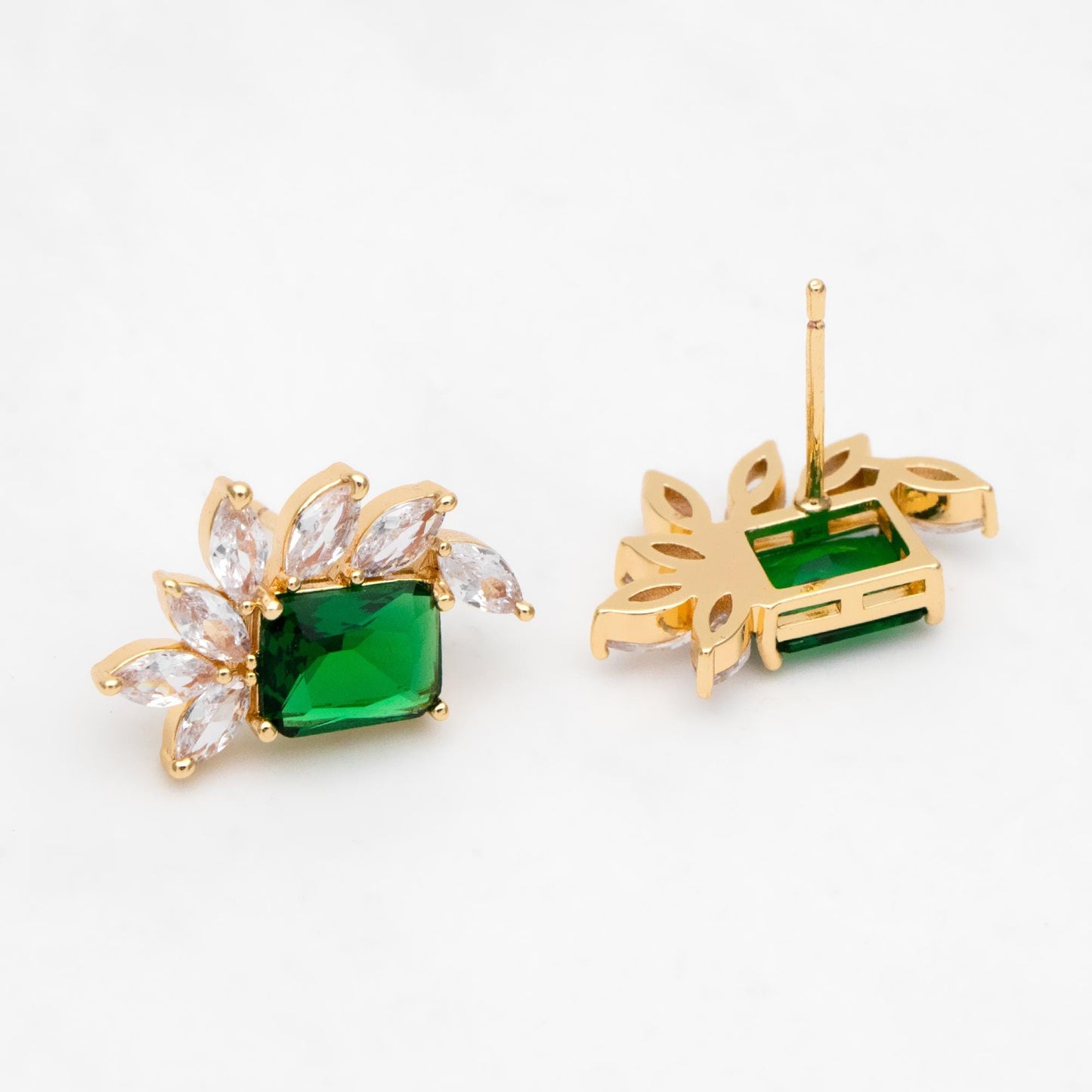 4pcs CZ Pave Olive/ Emerald Rectangle Leaf Earring Studs, Dainty Earrings, Gift For Her (#GB-2943)