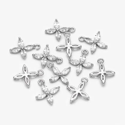 4pcs Gold CZ Flower Charm Pendants 10/ 14mm, Real Gold/ Rhodium plated Brass, Lead Nickel Free (GB-584-F)
