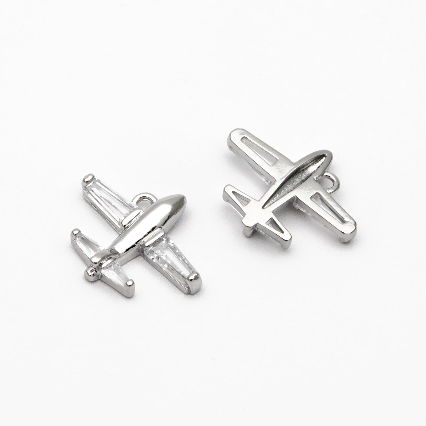4pcs CZ Pave Airplane Charms 14mm, 18K Gold/ Rhodium plated Brass, Mini Plane Pendants (GB-4196)