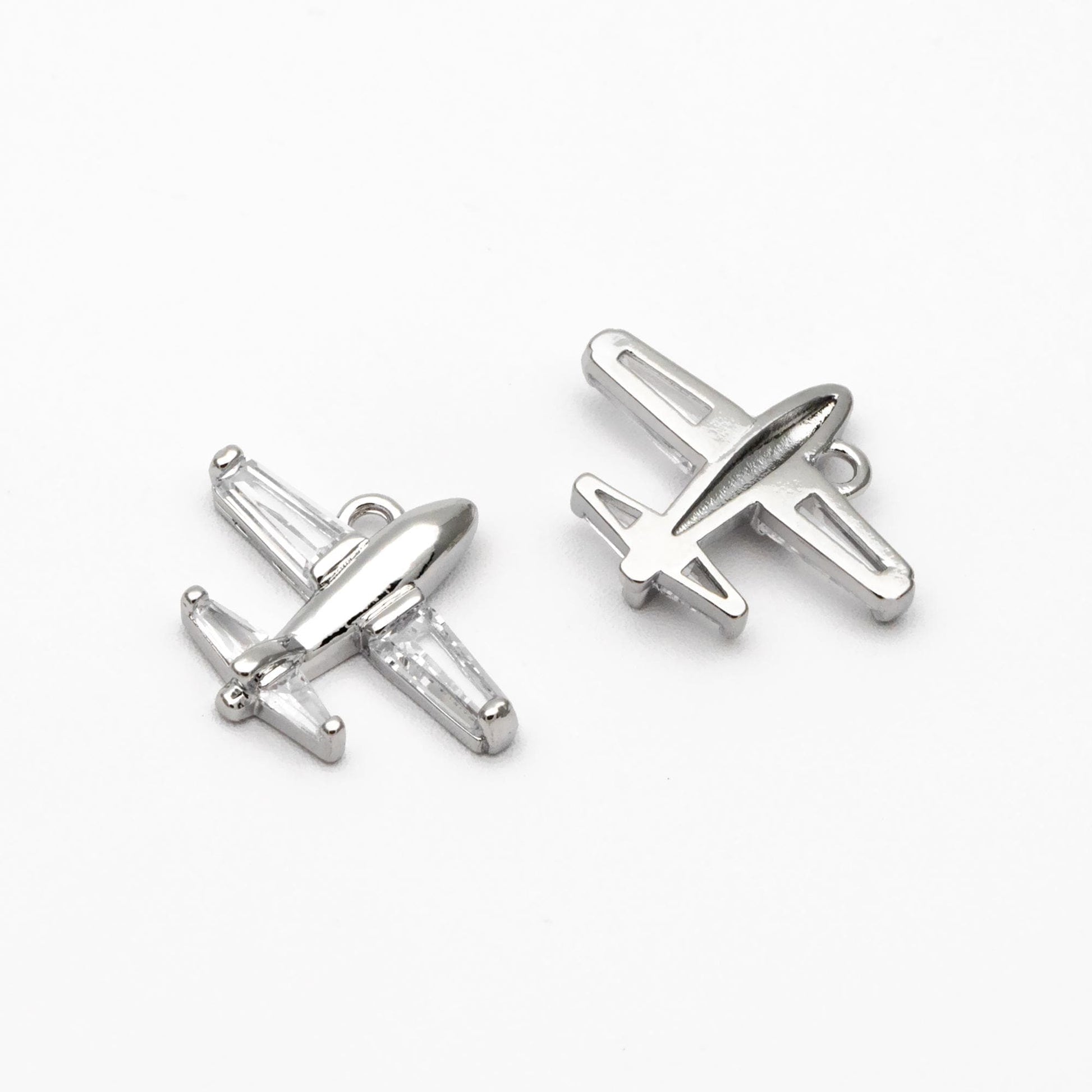 4pcs CZ Pave Airplane Charms 14mm, 18K Gold/ Rhodium plated Brass, Mini Plane Pendants (GB-4196)