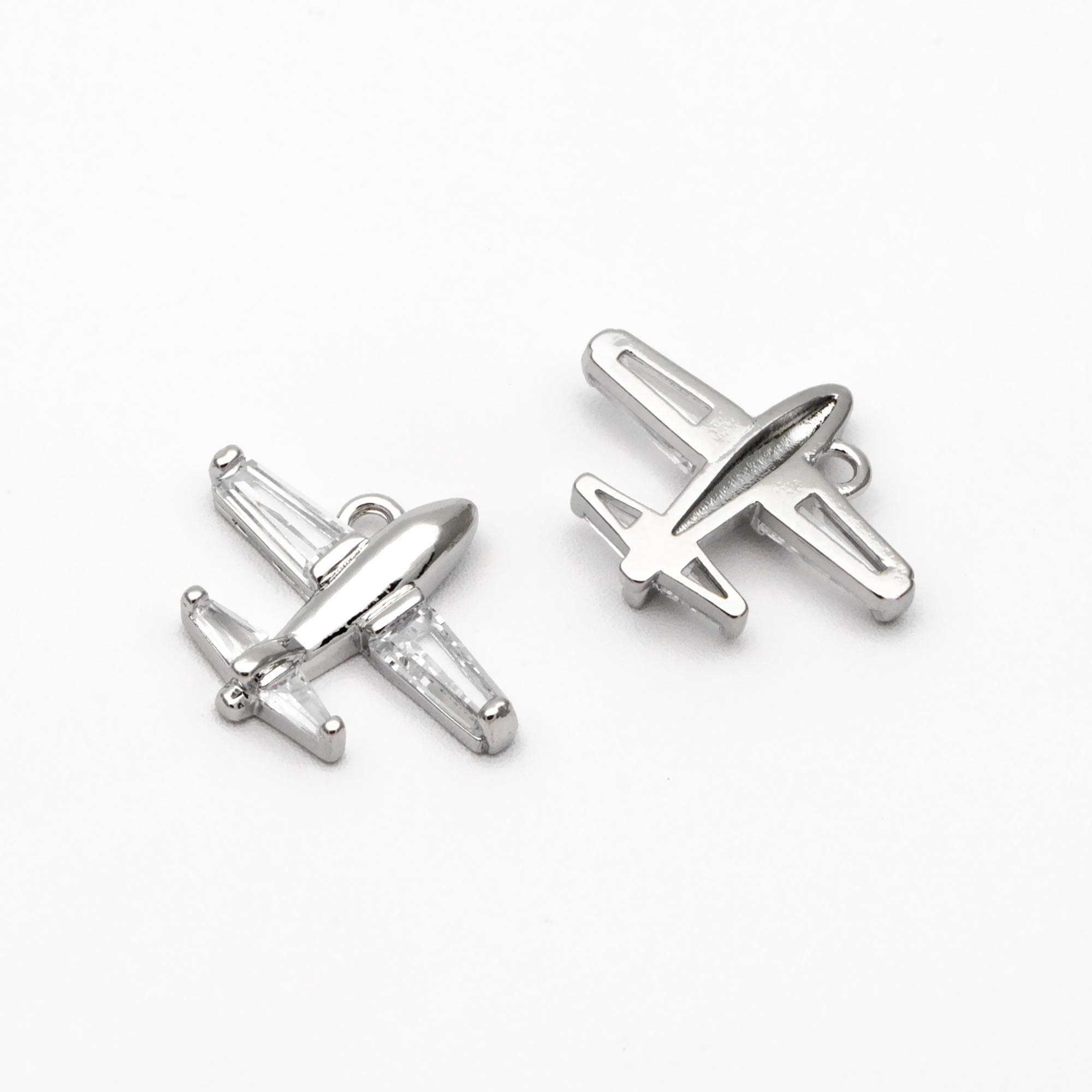 4pcs CZ Pave Airplane Charms 14mm, 18K Gold/ Rhodium plated Brass, Mini Plane Pendants (GB-4196)