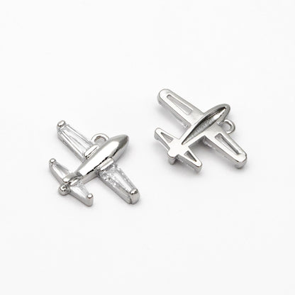 4pcs CZ Pave Airplane Charms 14mm, 18K Gold/ Rhodium plated Brass, Mini Plane Pendants (GB-4196)