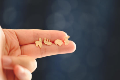 10pcs Gold Hedgehog/ Alpaca/ Sloth/ Koala Earrings, Gold Plated Brass, Cute Animal Stud Earrings (GB-4528)