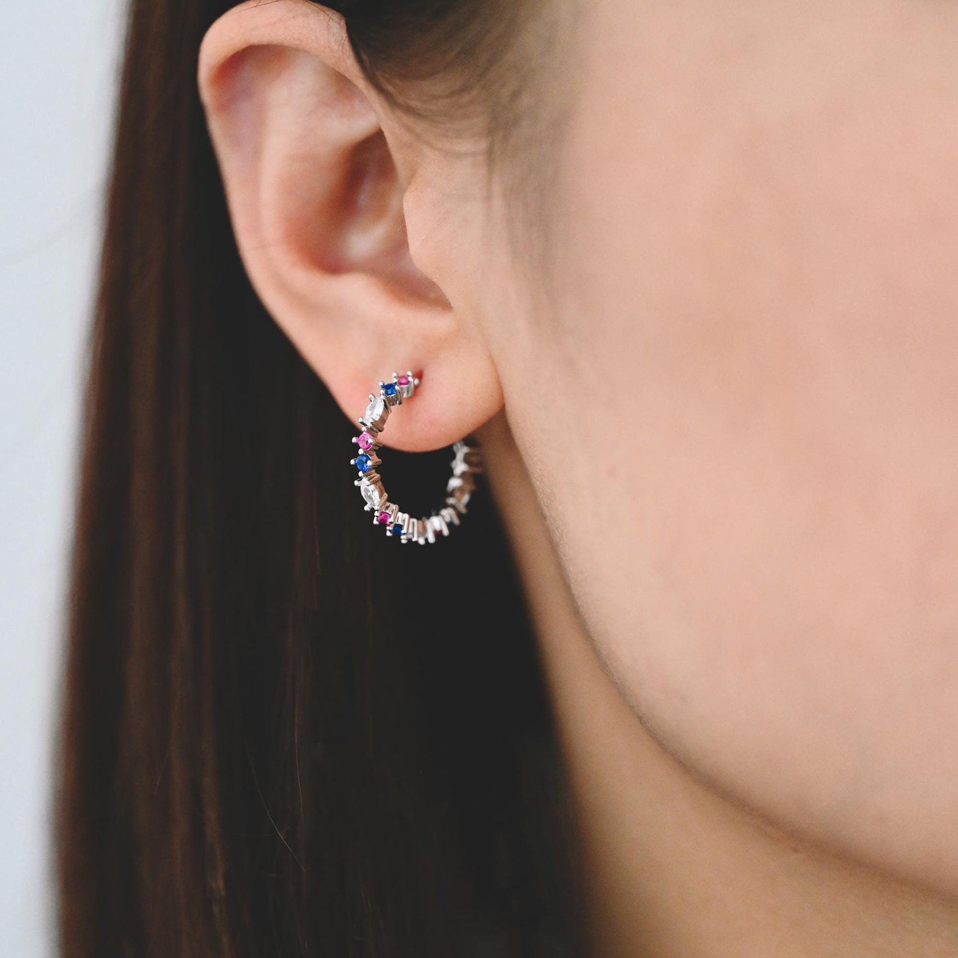 4pcs CZ Pave Gold/ Silver Round Circle Earrings, Gold/ Rhodium plated Brass, Geometric Hoop Stud Earrings (GB-4505)