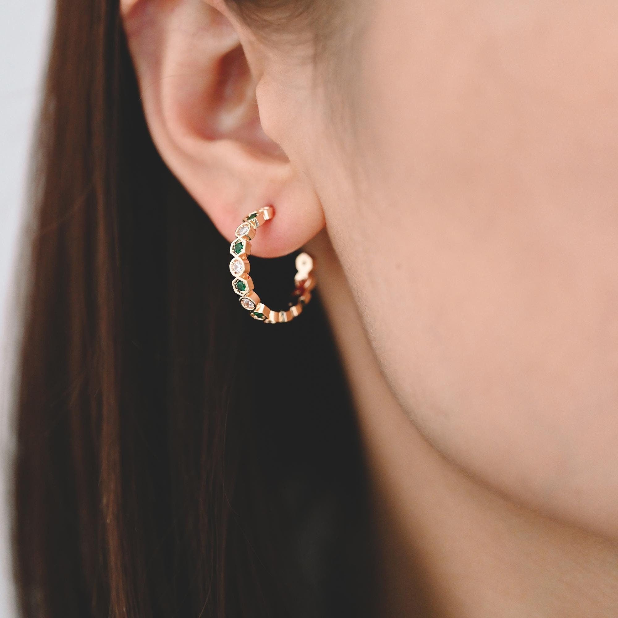 4pcs CZ Pave Gold/ Silver Round Circle Earrings, Gold/ Rhodium plated Brass, Geometric Hoop Stud Earrings (GB-4511)