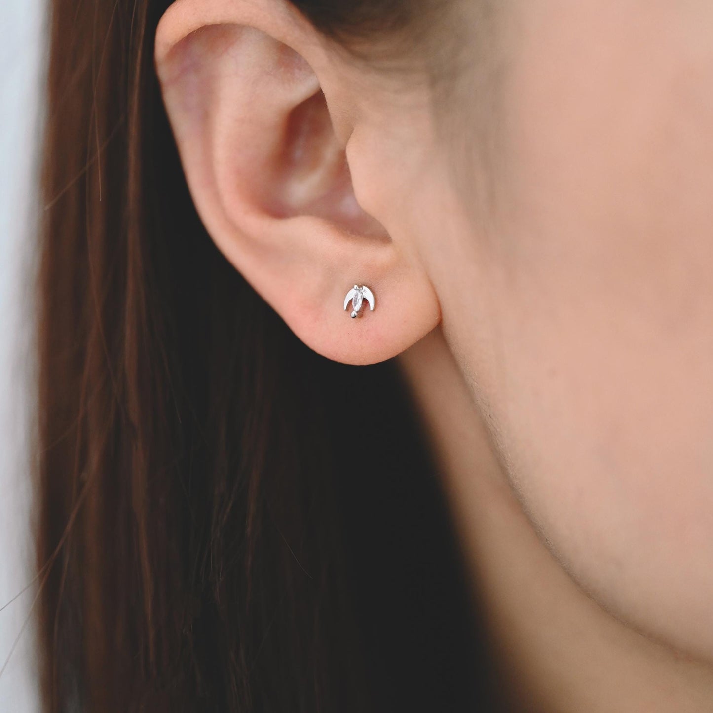 10pcs Gold/ Silver Tone Moon and Marquise CZ Earrings, Real Gold/ Rhodium Plated Brass Minimalist Stud Earrings (#GB-3041-B)