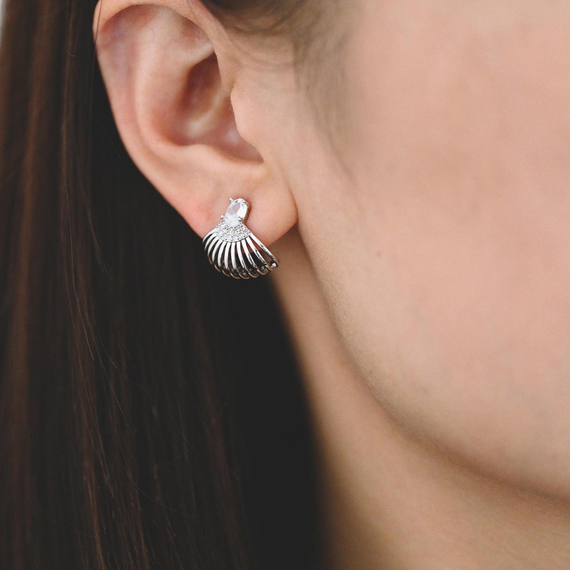 4pcs CZ Pave Gold/ Silver Tone Fan Shaped Earrings, Real Gold/ Rhodium Plated Brass, Fan Stud Earrings (#GB-4525)