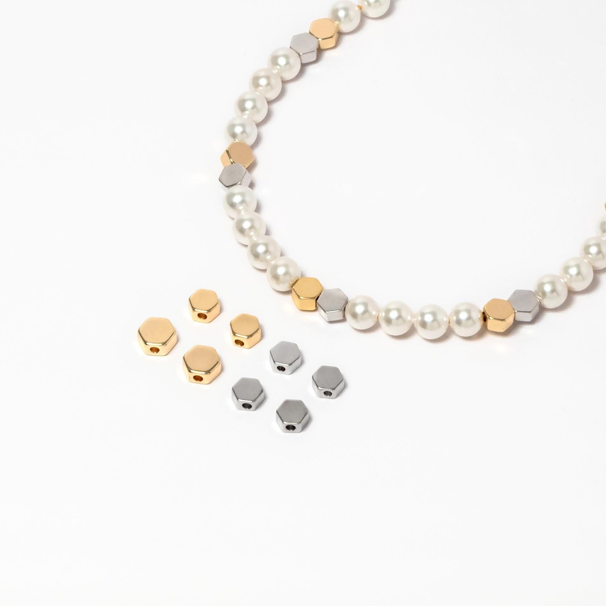 20pcs Gold/ Silver tone Hexagon Flat Spacer Beads 5/ 6mm, Gold/ Rhodium plated Brass Flat Spacer Beads (GB-118)