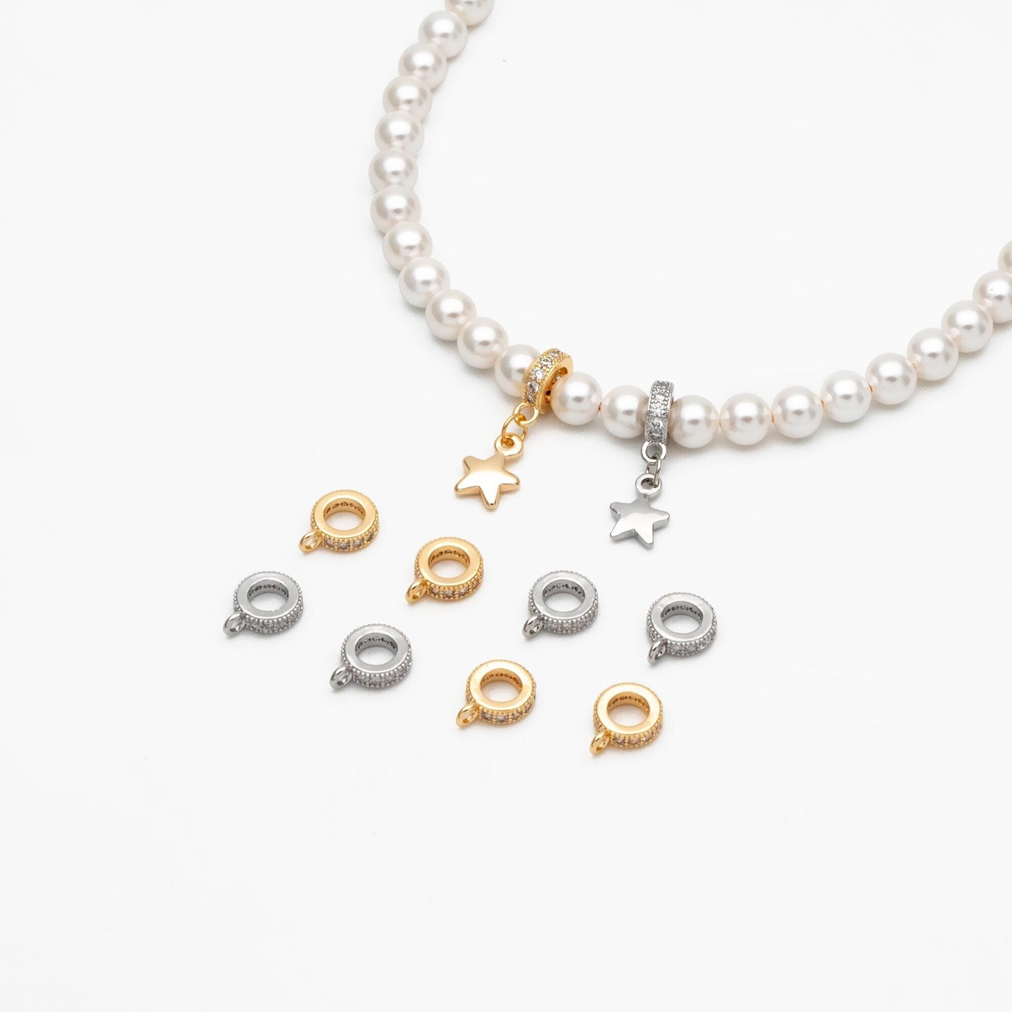 10pcs CZ Pave Gold/ Silver Bail Beads, Bail Charm Holder Spacer with Loop, Tube Bails, Cord Bails, Slider Bails, Spacer Ring (GB-1328-C)