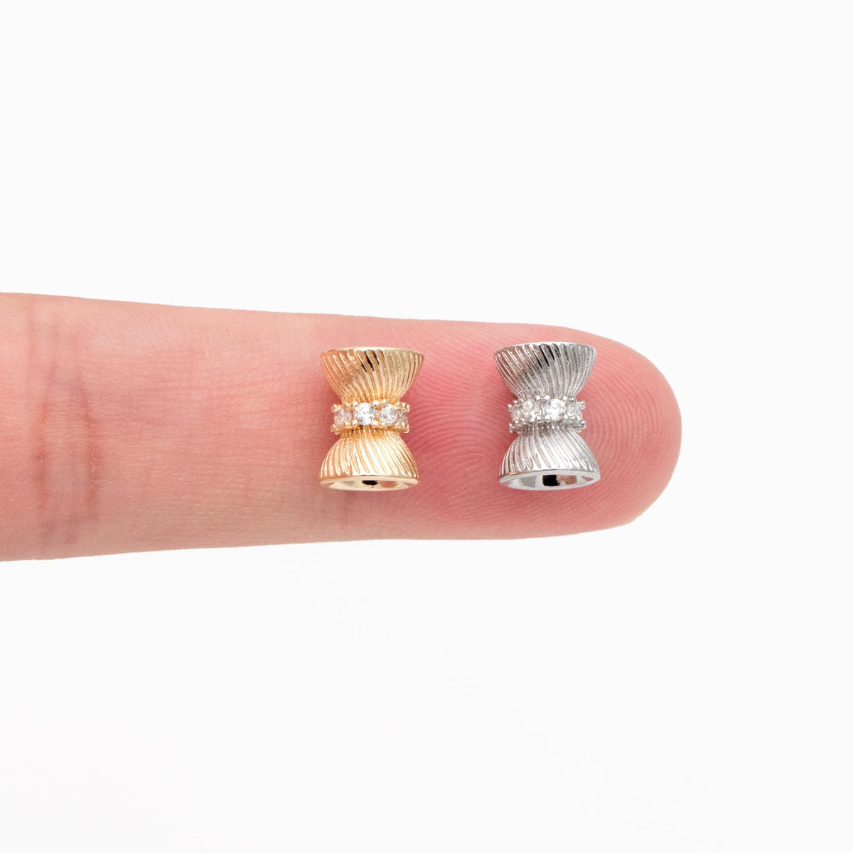 4pcs CZ Pave Gold/ Silver Tone Tube Spacer Beads 7x9mm, 18K Gold/ Rhodium plated Brass, Tube Spacer Beads (GB-4540)