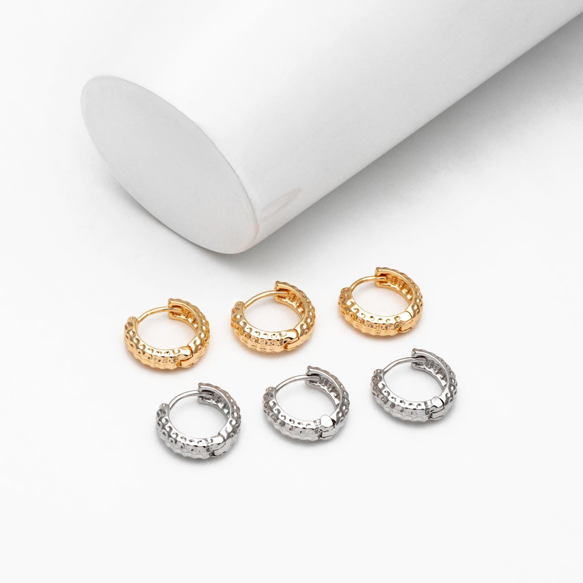 10pcs Gold/ Silver Tone Hammered Circle Hoop Earrings, 18K Gold/ Rhodium plated Brass, Minimalist Huggie Earrings (GB-4541)