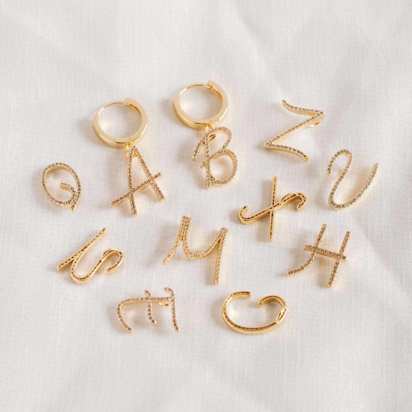 CZ Pave Gold Alphabet Pendants, 18K Gold plated Brass, Personalized Initial Charms, English Letter in Cursive, You Choose Letter (GB-1140)