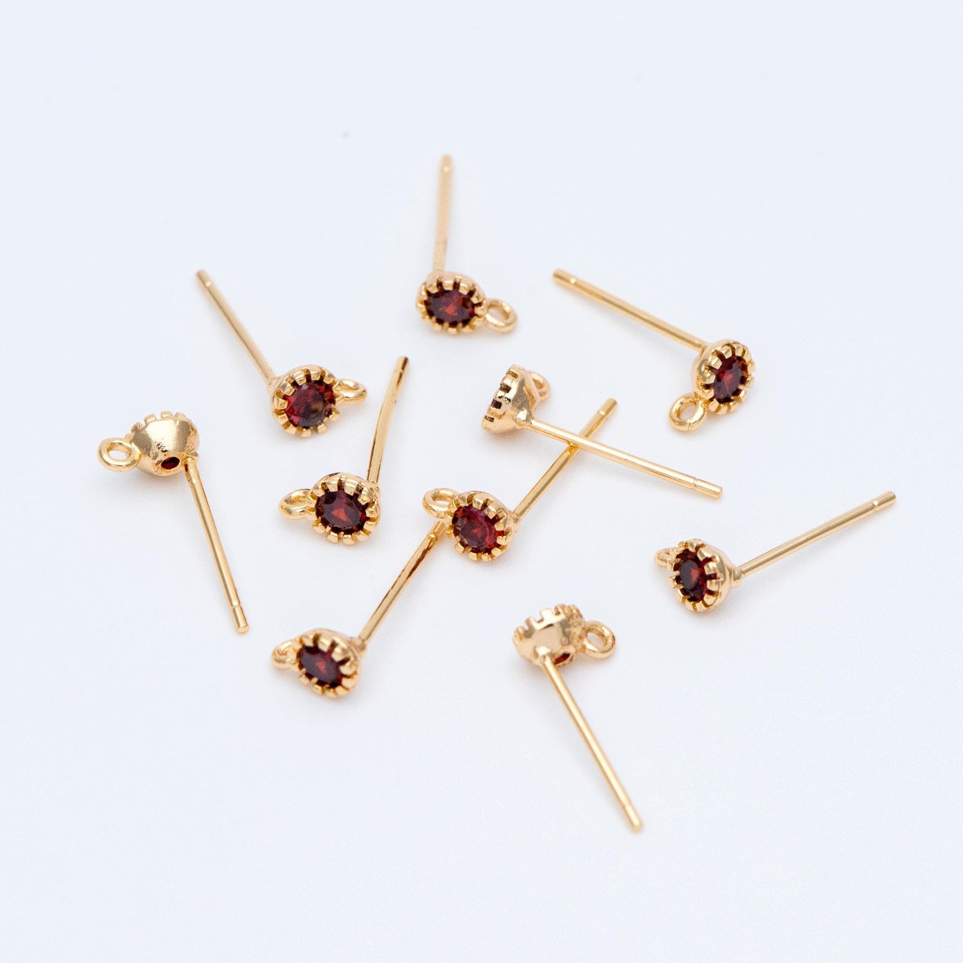 10pcs Red/ Emerald Rhinestone Ear Posts 4mm, CZ Stud Earring with Loops, 18K Gold plated Brass Ear Findings (#GB-781)
