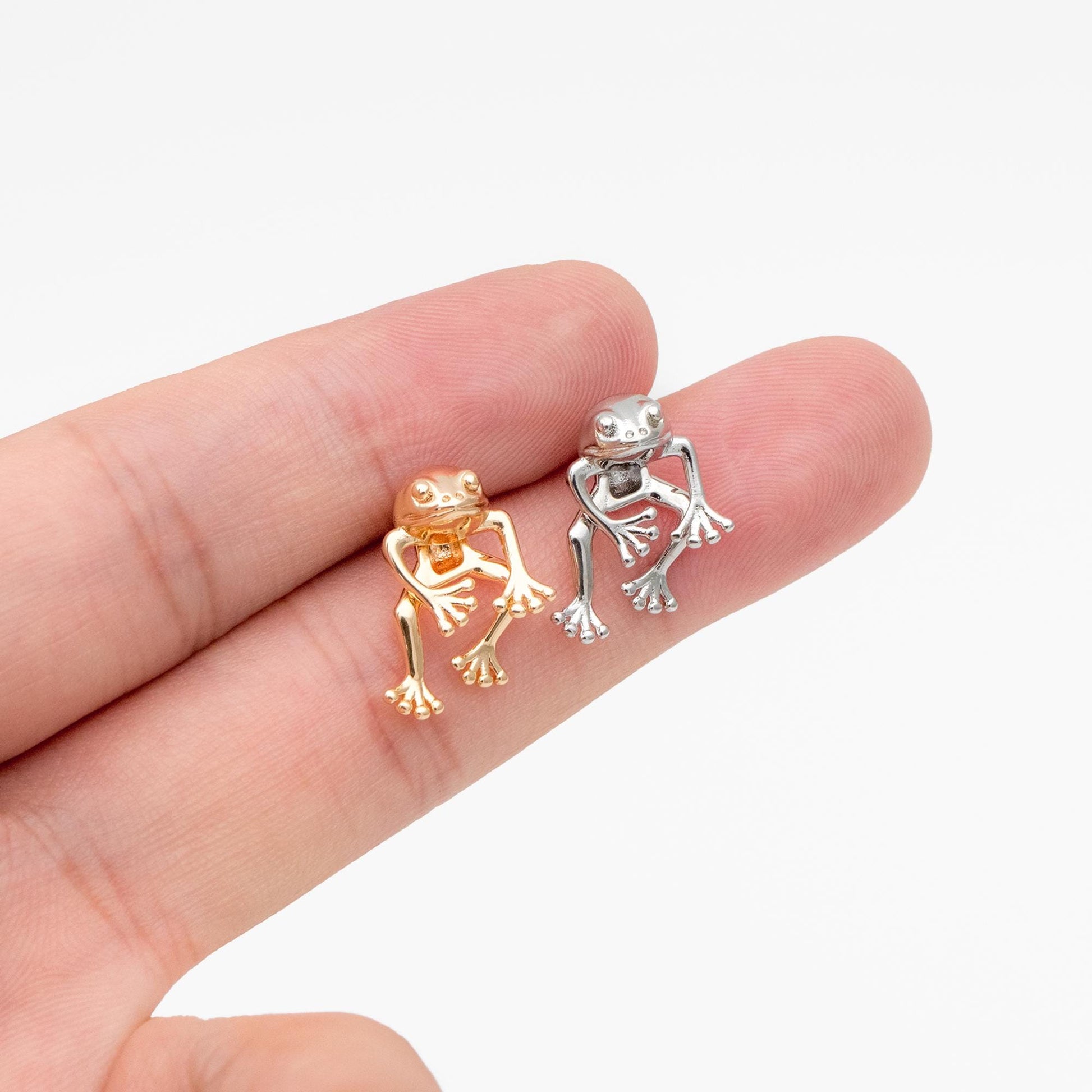 4pcs Gold/ Silver Tone Frog Front Back Earrings, Gold/ Rhodium Plated Brass, Animal Ear Jacket (GB-4533)