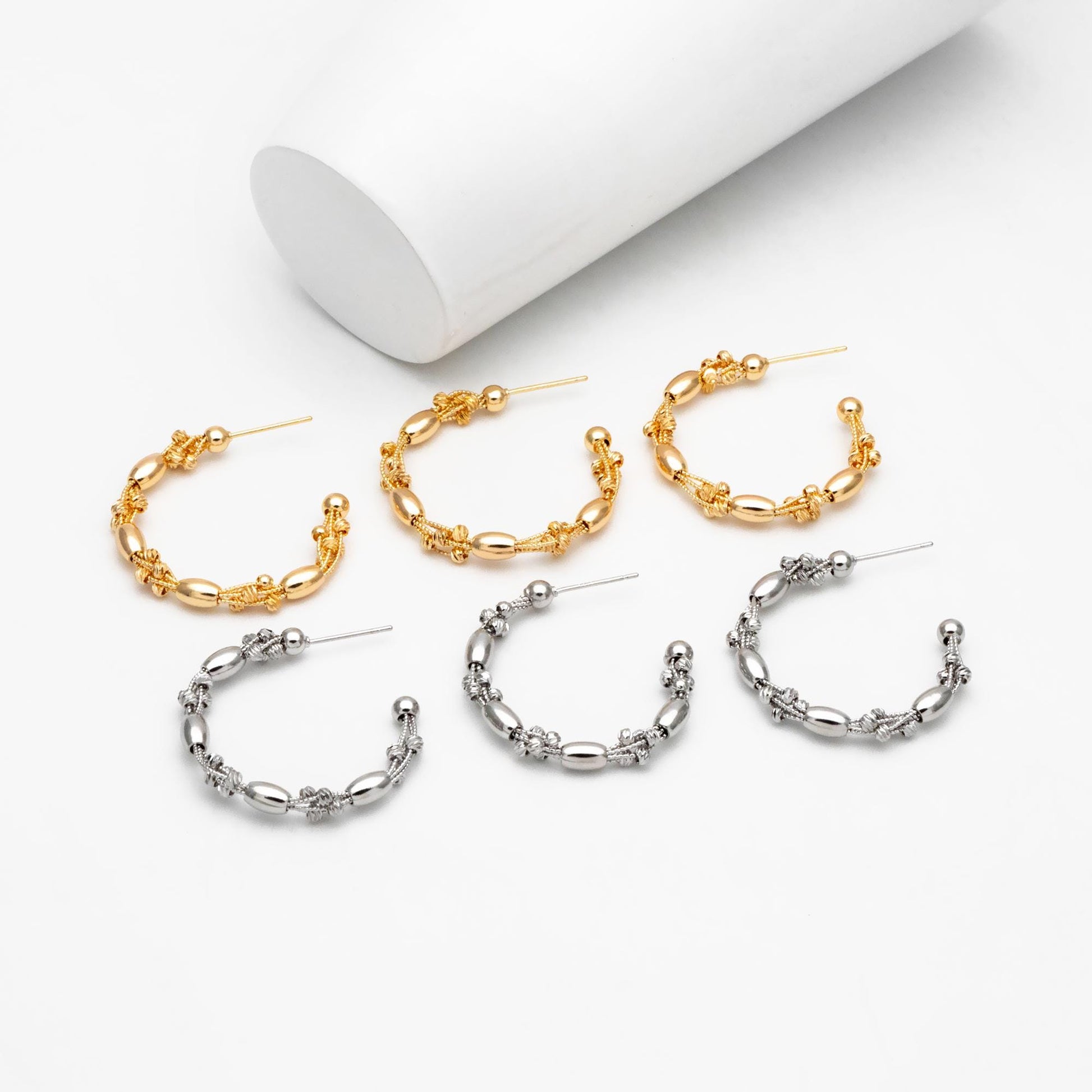 4pcs Gold/ Rhodium Plated Brass Hoop Earrings: Geometric C Shape Studs (GB-4542)