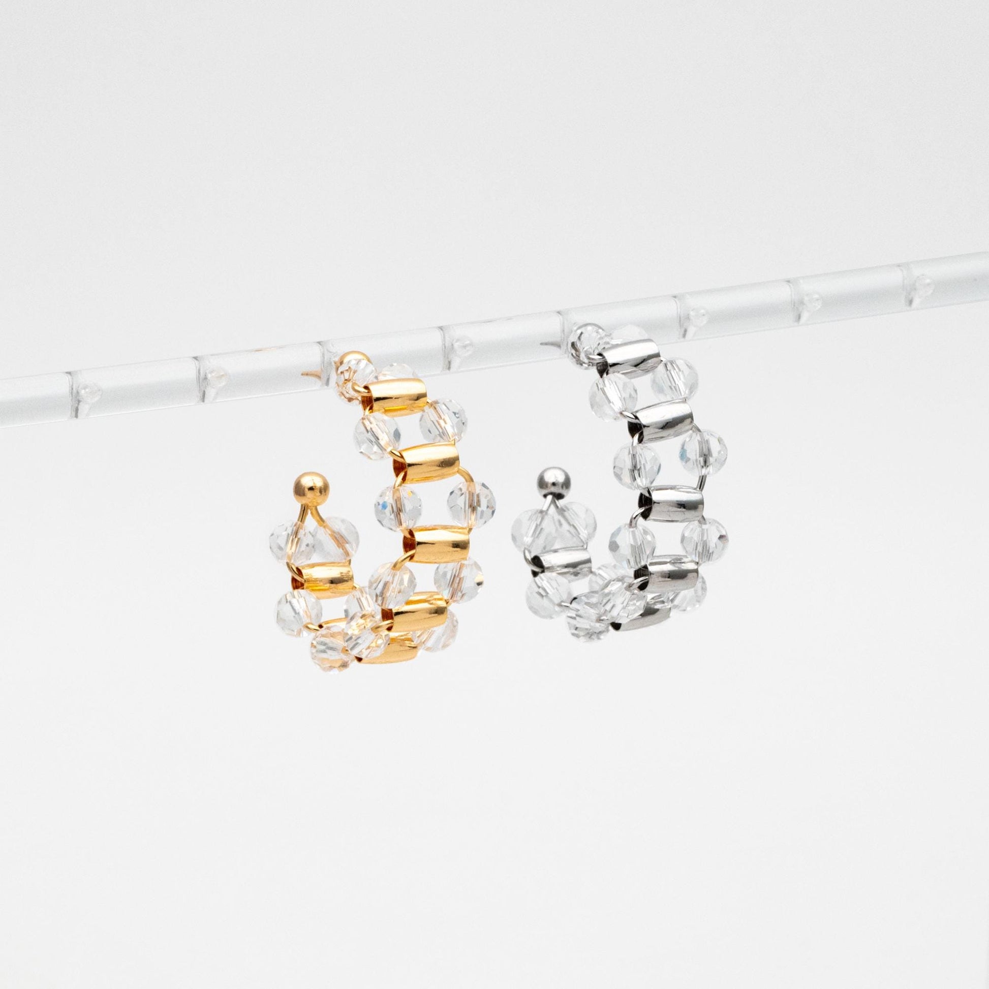 4pcs Gold/ Silver Tone C Shape Earrings, 18K Gold/ Rhodium plated Brass, Crystal Beaded Hoop Stud Earrings (GB-4543)