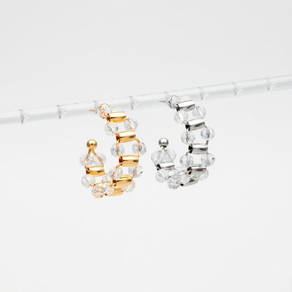 4pcs Gold/ Silver Tone C Shape Earrings, 18K Gold/ Rhodium plated Brass, Crystal Beaded Hoop Stud Earrings (GB-4543)