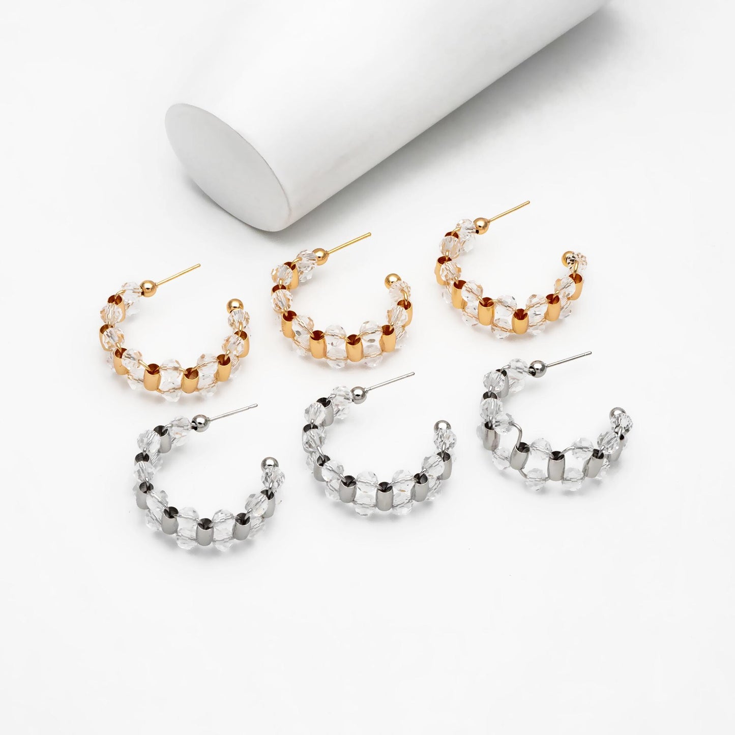 4pcs Gold/ Silver Tone C Shape Earrings, 18K Gold/ Rhodium plated Brass, Crystal Beaded Hoop Stud Earrings (GB-4543)