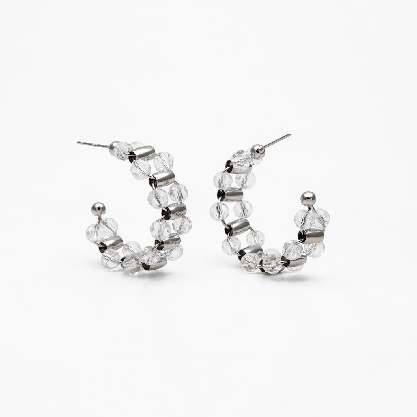 4pcs Gold/ Silver Tone C Shape Earrings, 18K Gold/ Rhodium plated Brass, Crystal Beaded Hoop Stud Earrings (GB-4543)