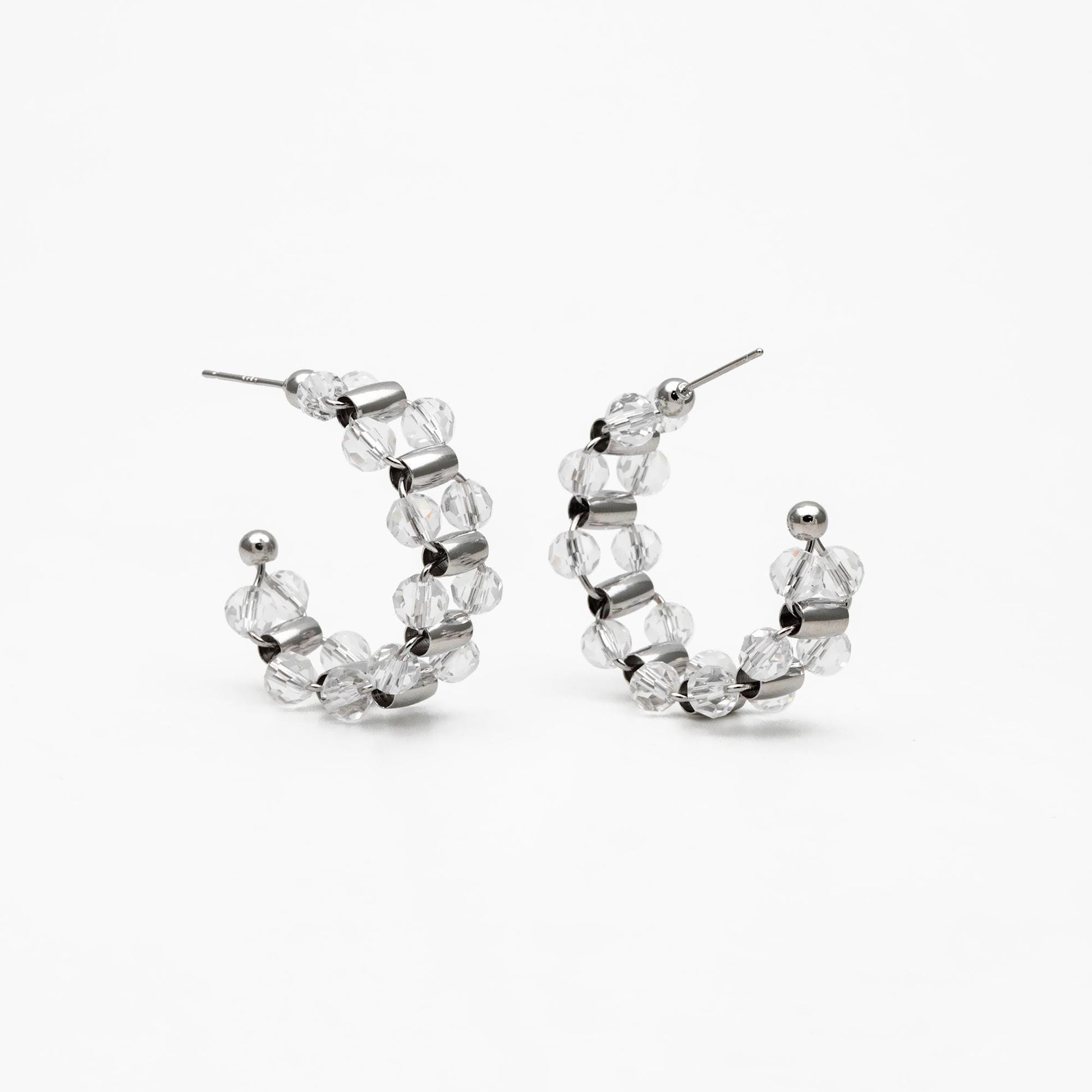 4pcs Gold/ Silver Tone C Shape Earrings, 18K Gold/ Rhodium plated Brass, Crystal Beaded Hoop Stud Earrings (GB-4543)