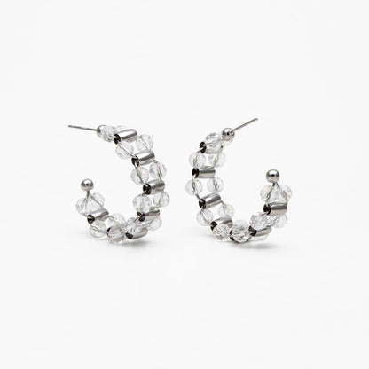 4pcs Gold/ Silver Tone C Shape Earrings, 18K Gold/ Rhodium plated Brass, Crystal Beaded Hoop Stud Earrings (GB-4543)