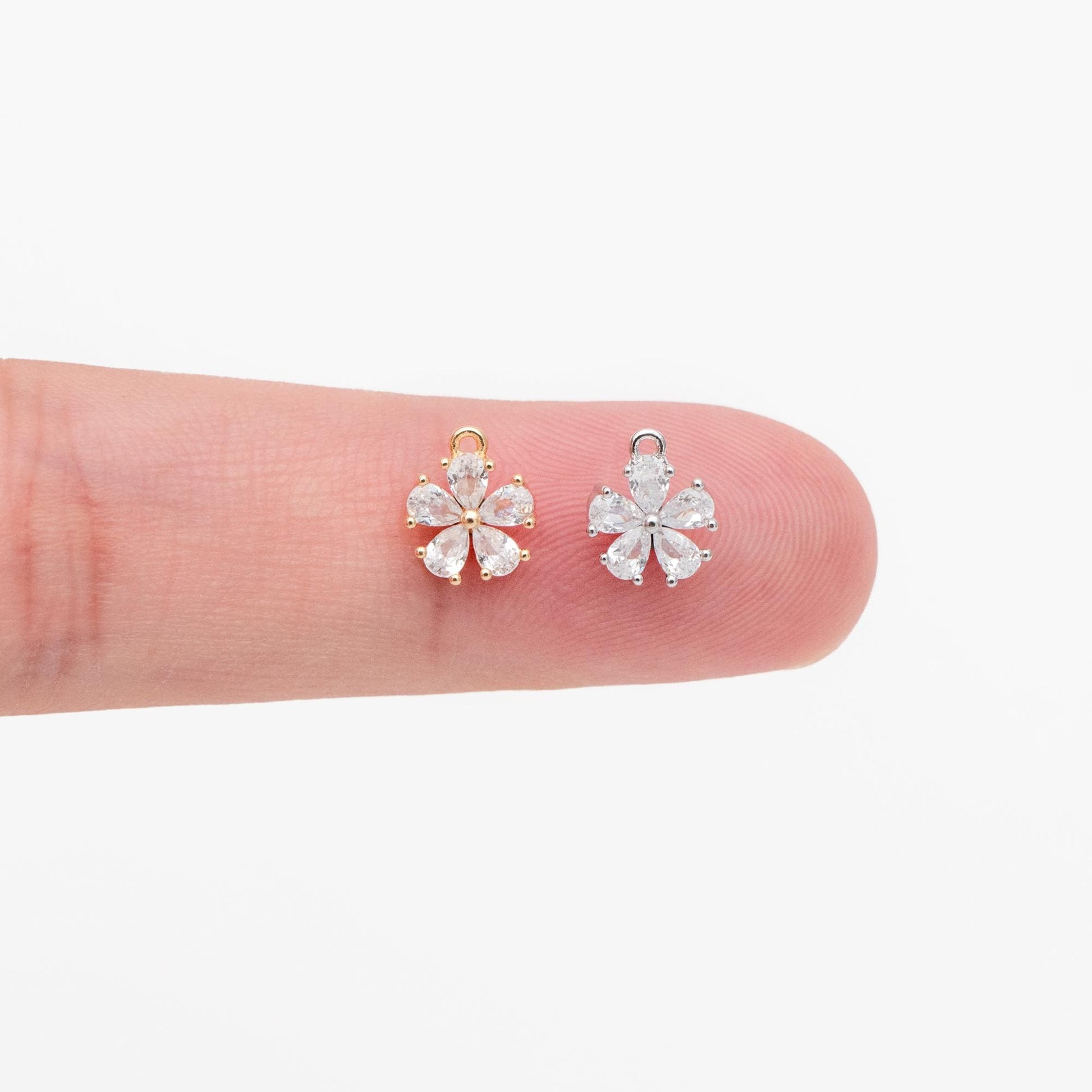 10pcs CZ Pave Gold/ Silver Tone Flower Charms 8x7mm, Real Gold/ Rhodium plated Brass, Dainty Earring Charms (GB-1762-H)