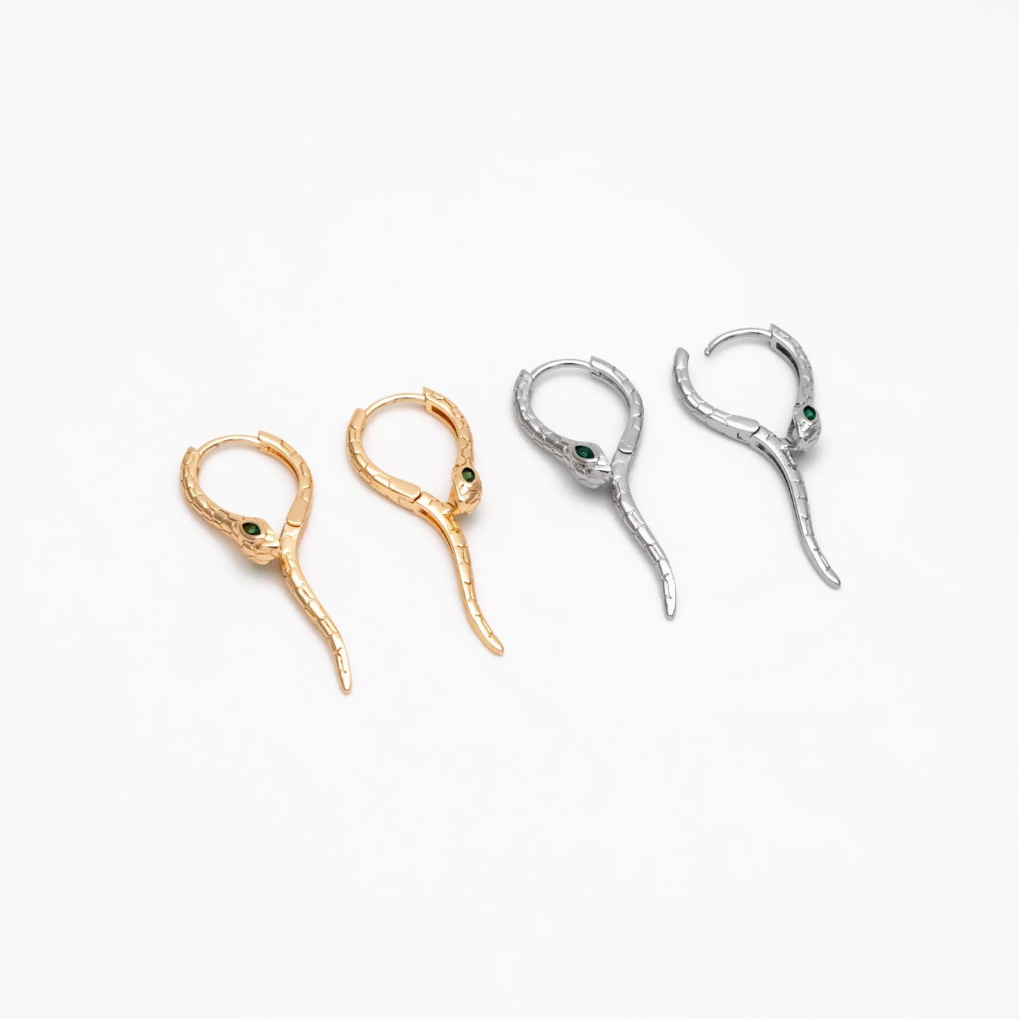 4pcs CZ Pave Gold/ Silver Tone Snake Hoop Earrings, Gold/ Rhodium plated Brass, Serpent Huggie Hoops (GB-4548)