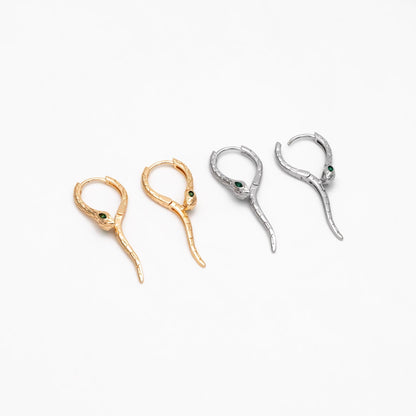 4pcs CZ Pave Gold/ Silver Tone Snake Hoop Earrings, Gold/ Rhodium plated Brass, Serpent Huggie Hoops (GB-4548)