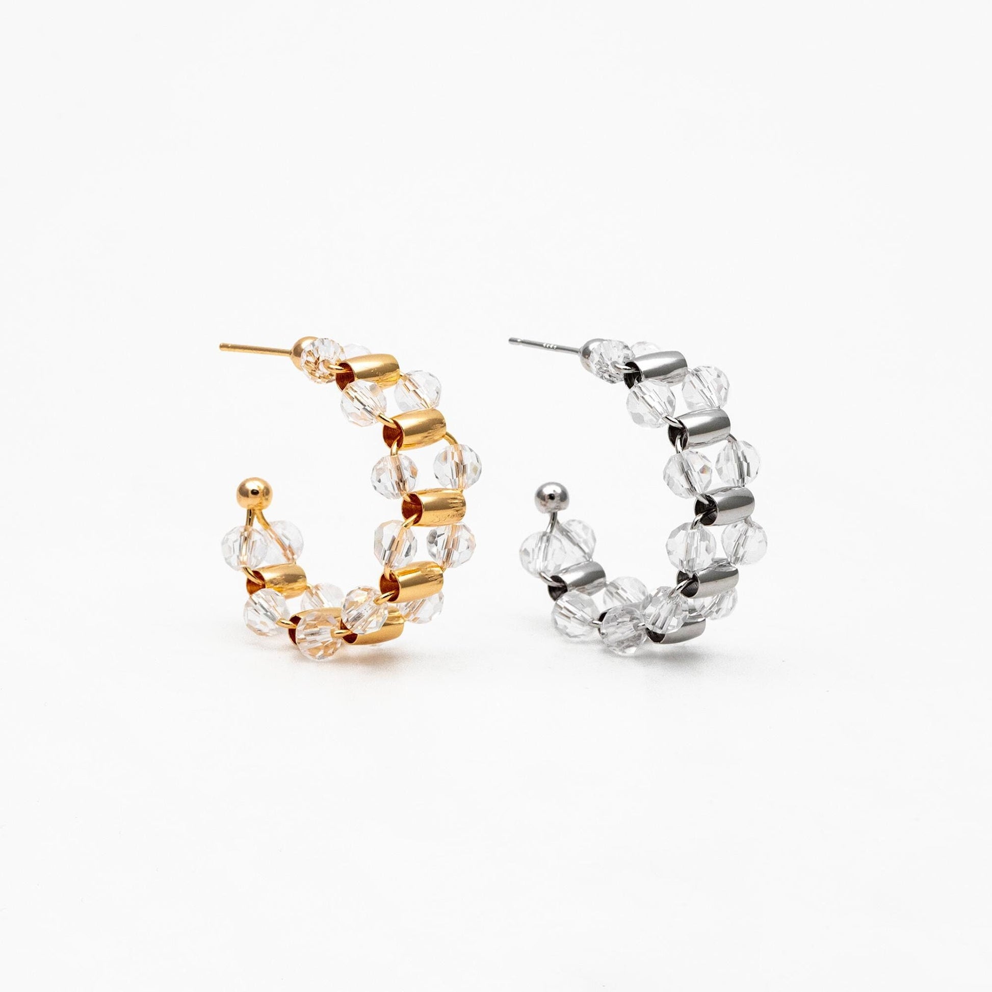 4pcs Gold/ Silver Tone C Shape Earrings, 18K Gold/ Rhodium plated Brass, Crystal Beaded Hoop Stud Earrings (GB-4543)