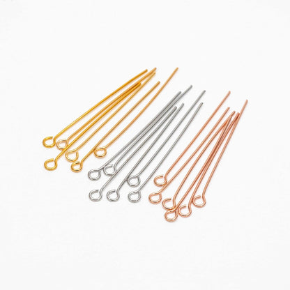 100pcs Gold/ Silver/ Rose Gold Eye Pins, 30x0.5mm (24 Gauge) 40x0.7mm (21 Gauge), Gold/ Rhodium plated Brass Eyepins (GB-026)