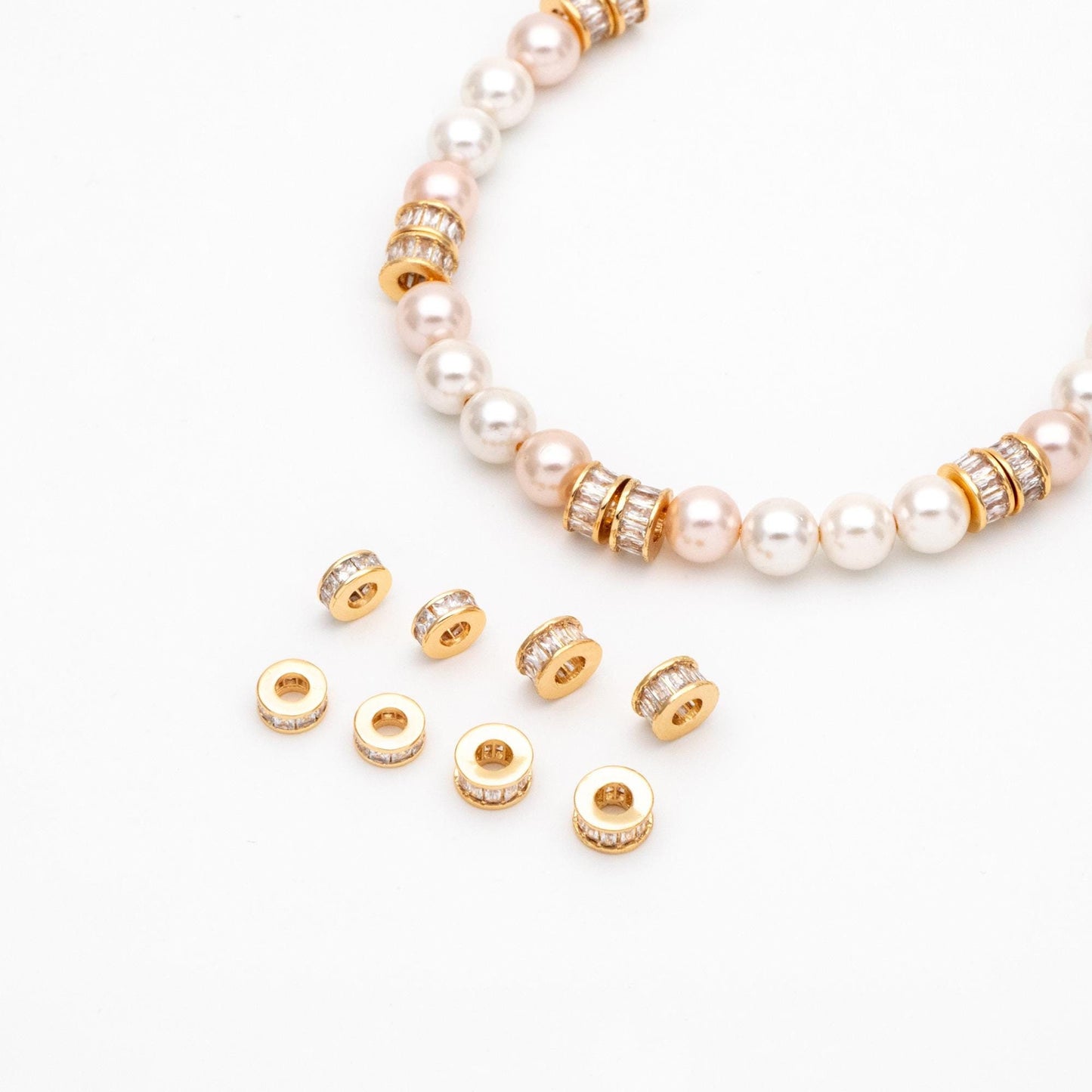 4pcs CZ Pave Gold/ Silver Round Spacer Beads, 7/ 7.7mm, Jewelry Making Supplies Wholesale (GB-3516)