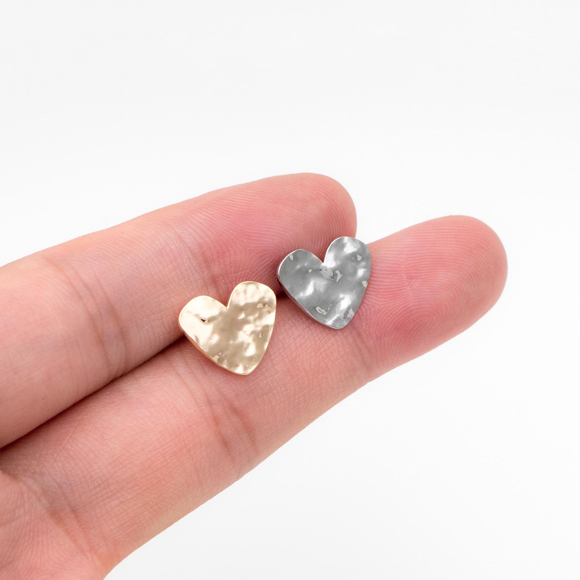 10pcs Gold/ Silver Hammered Heart Earrings, Real Gold/ Rhodium plated Brass, Geometric Earring Studs (GB-4567)