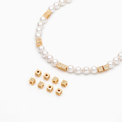 10pcs CZ Pave Gold Cube Spacers 4mm, 18K Gold plated Brass Square Beads (GB-1736)