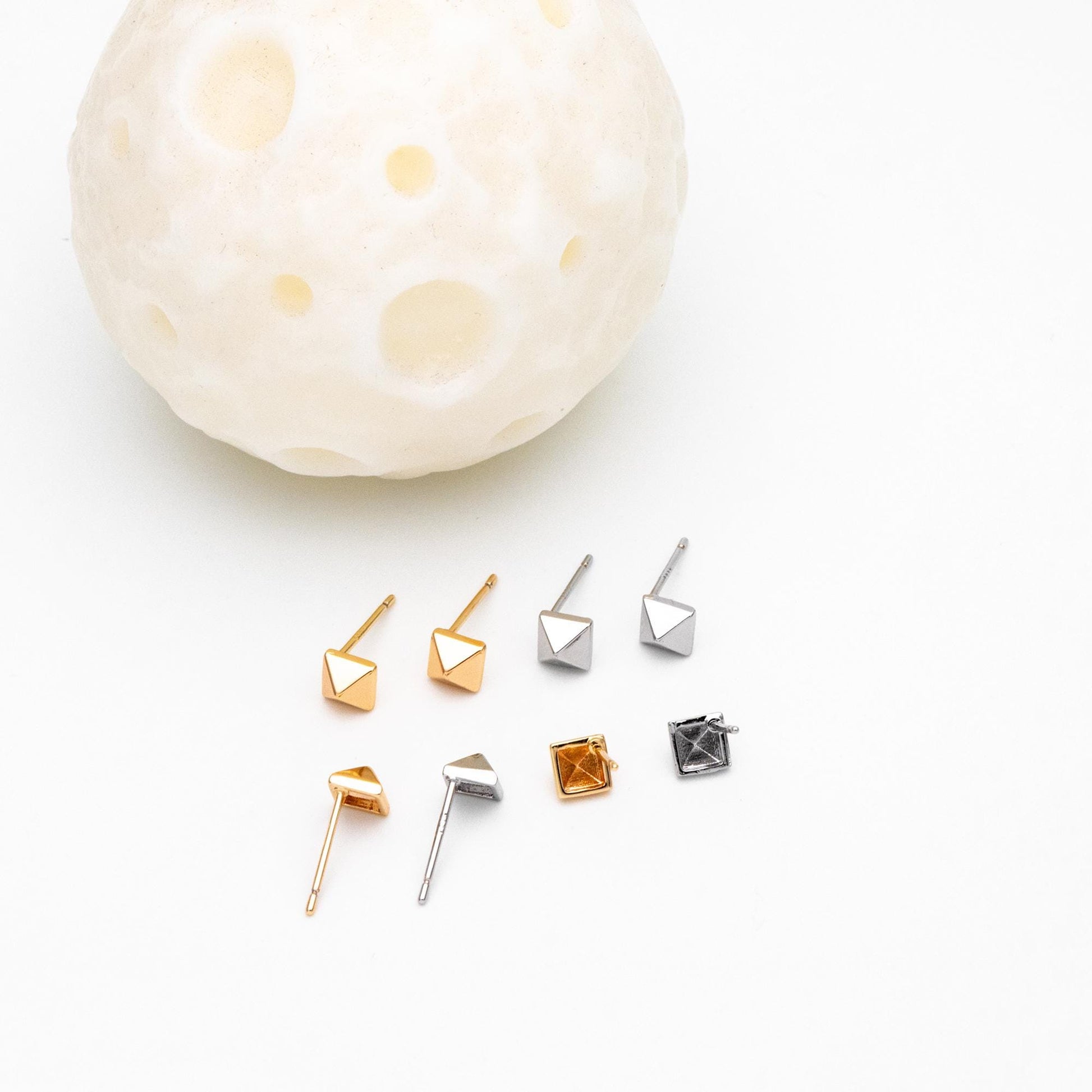 10pcs Gold/ Silver Tone Pyramid Earrings, Real Gold/ Rhodium Plated Brass Geometric Earring Studs (GB-4569)